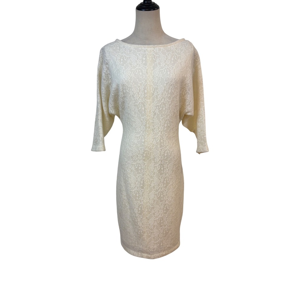 Black Halo Lace Sheath Dress Sz 6 Cream Dolman Sleeve Cocktail Bridal event chic